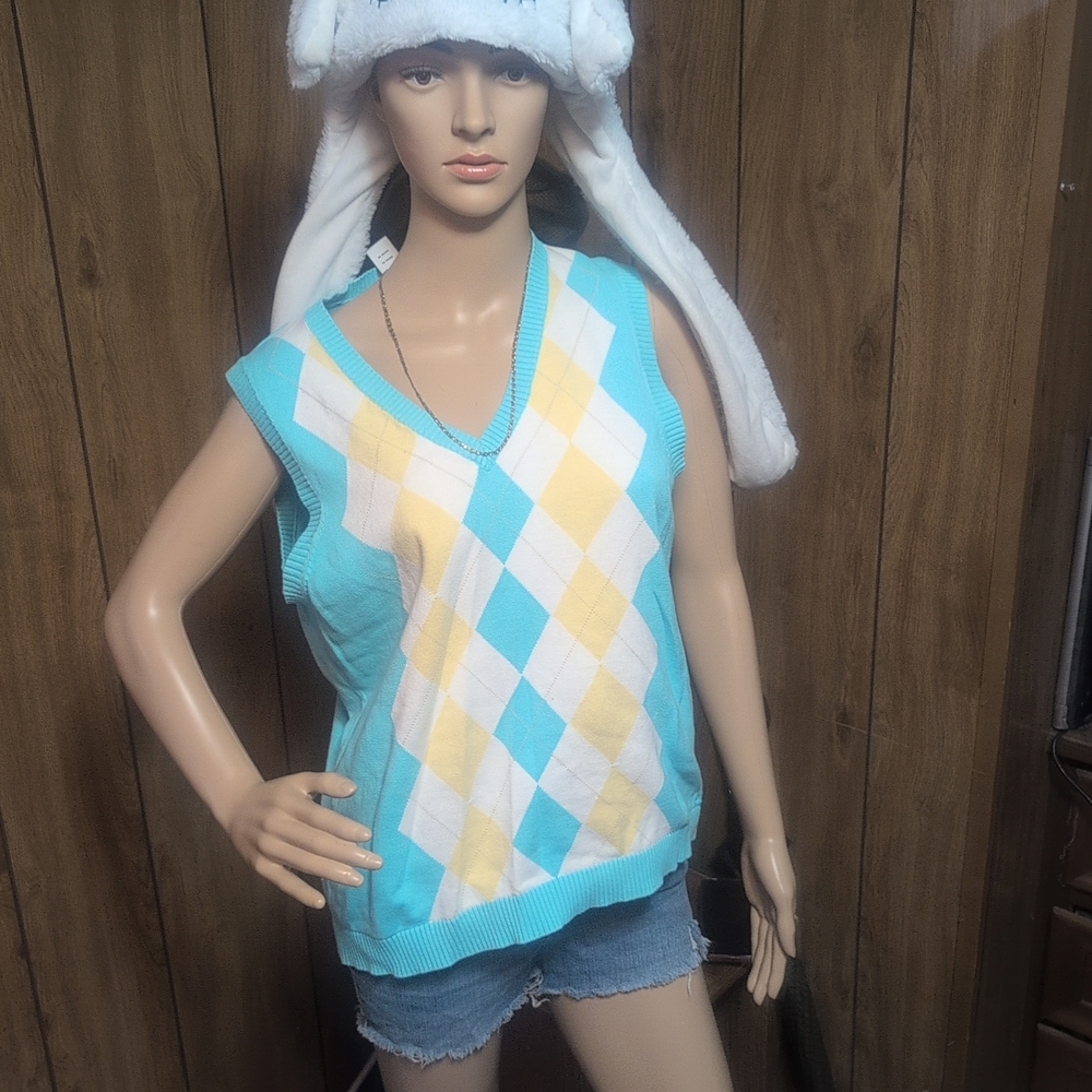 Argyle Sleeveless Sweater Vest - Blue and Yellow